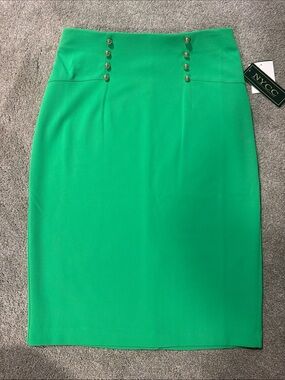New York & Company Bright Green High-Waist Pencil Skirt with Gold Buttons